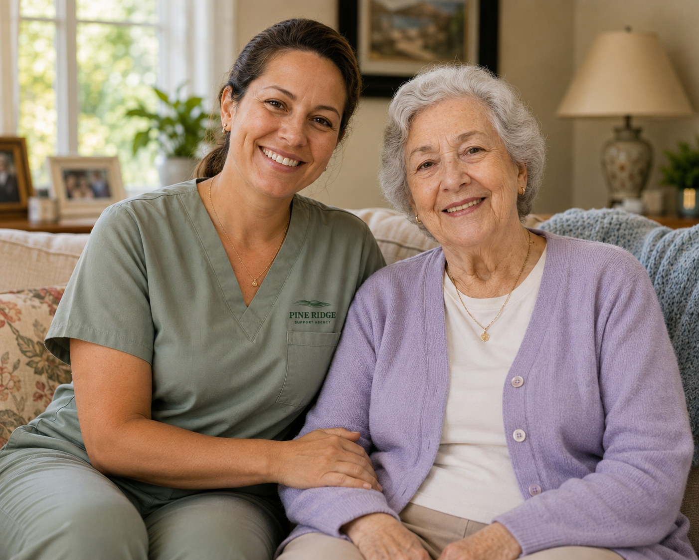 A smiling Pine Ridge Support Agency caregiver in green scrubs on a Maine front porch