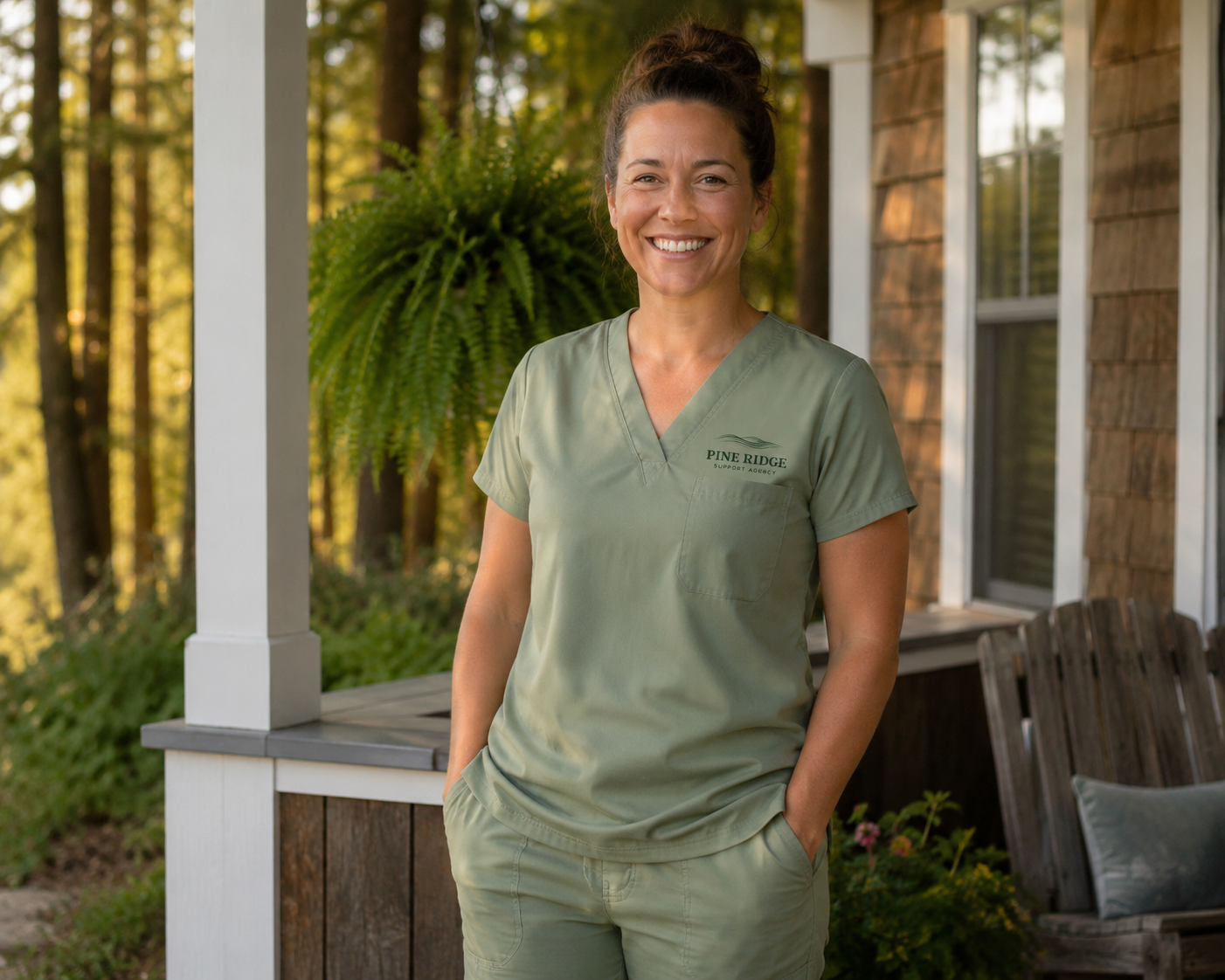 A Pine Ridge caregiver standing on the porch of a Maine home