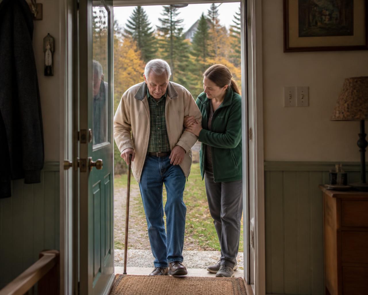 A caregiver helping an older man into his home in rural Maine