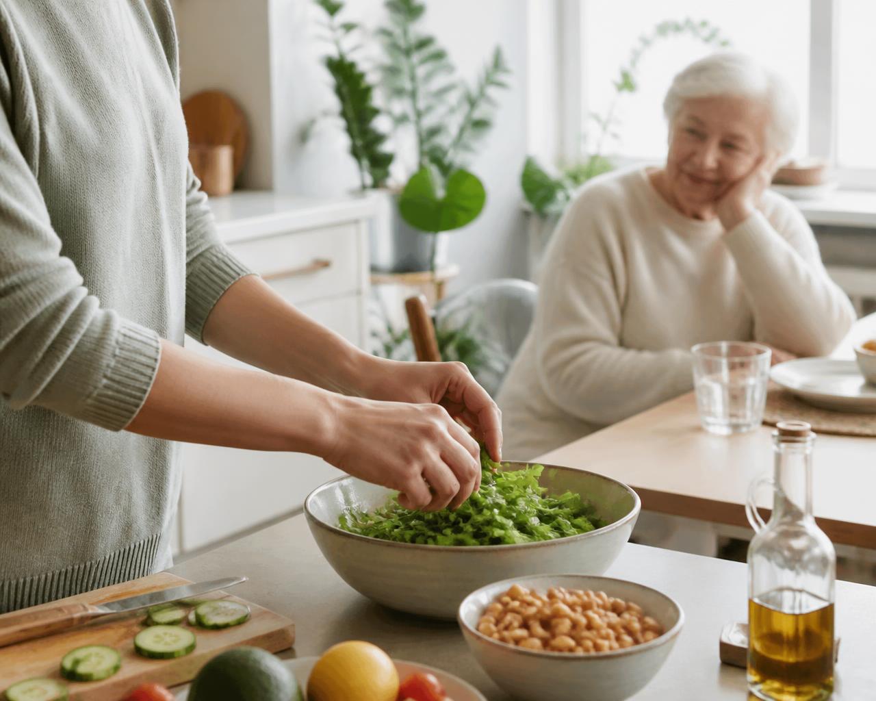 A caregiver preparing a fresh meal while a client sits nearby